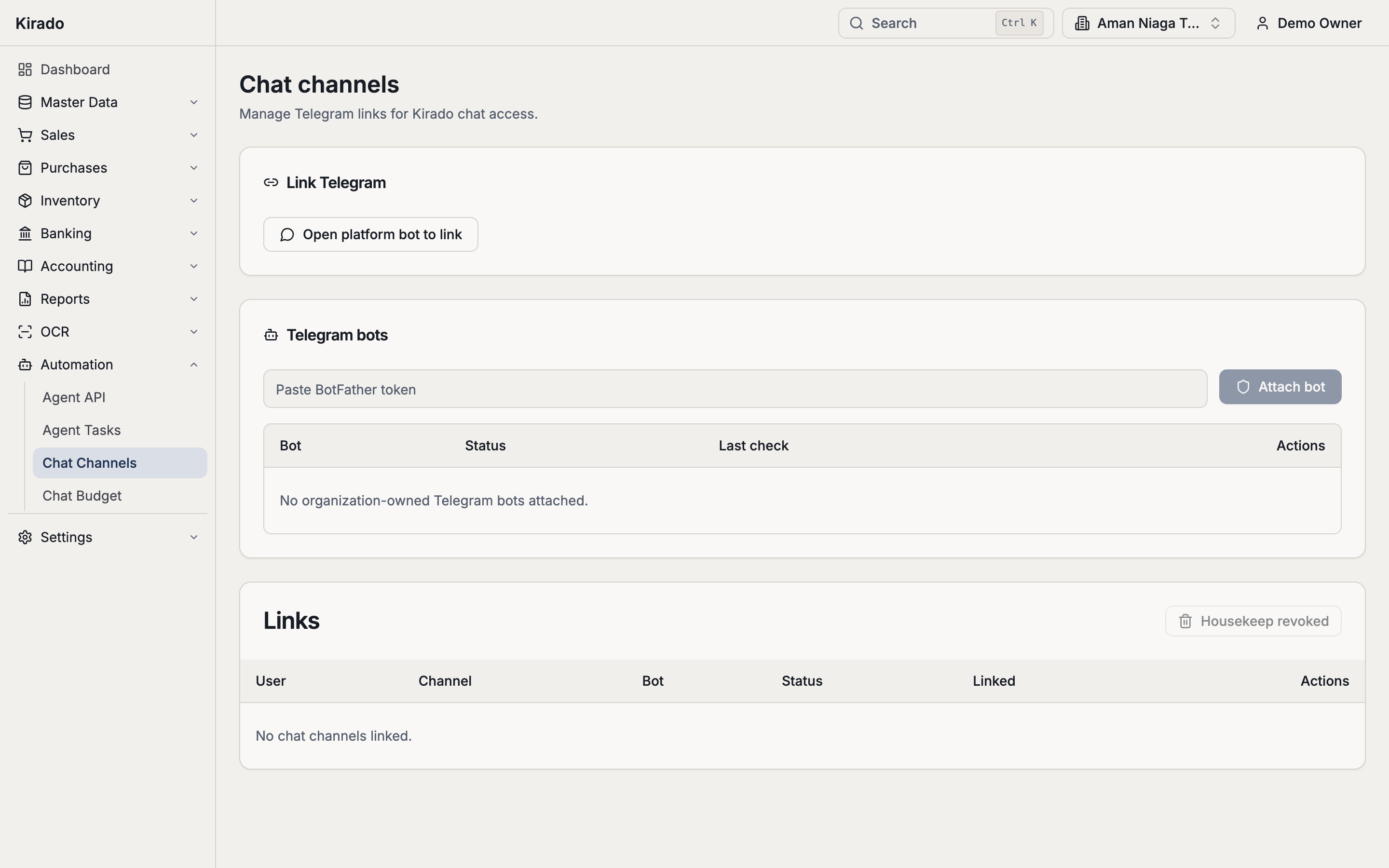 Kirado Telegram bot setup screen on desktop