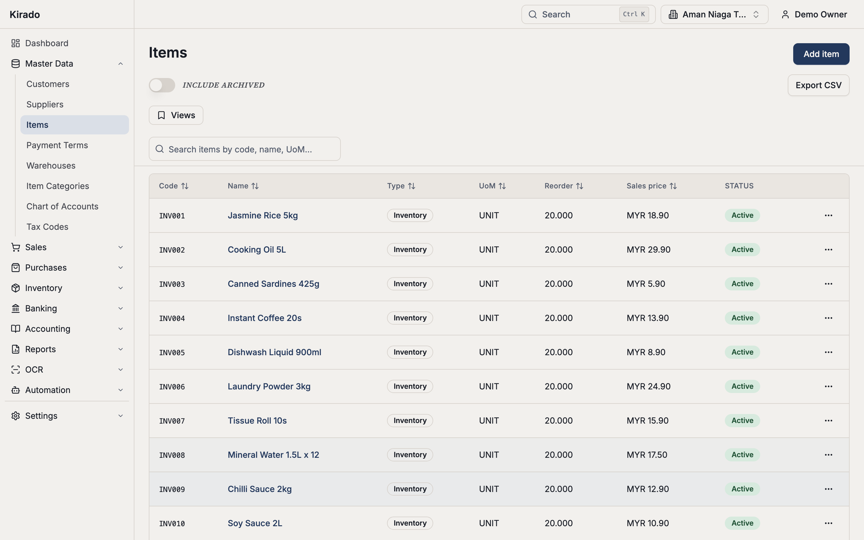 Kirado product and stock list on desktop