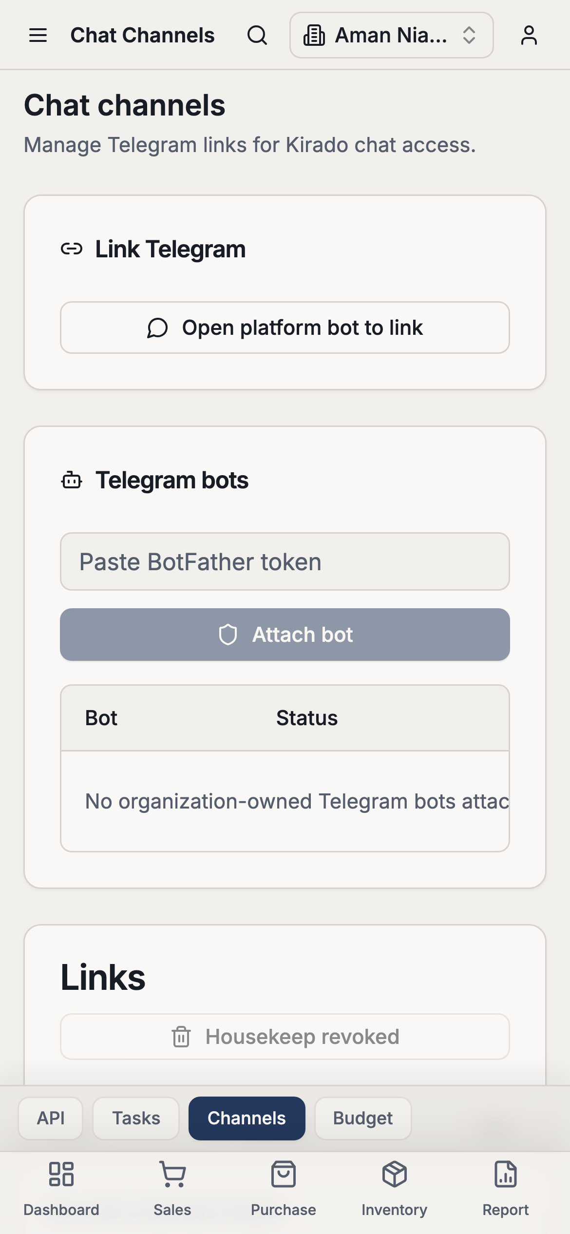 Kirado Telegram setup on a phone