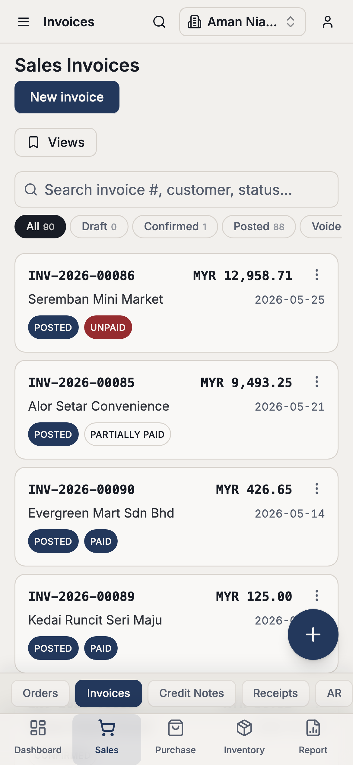 Kirado invoice list on a phone