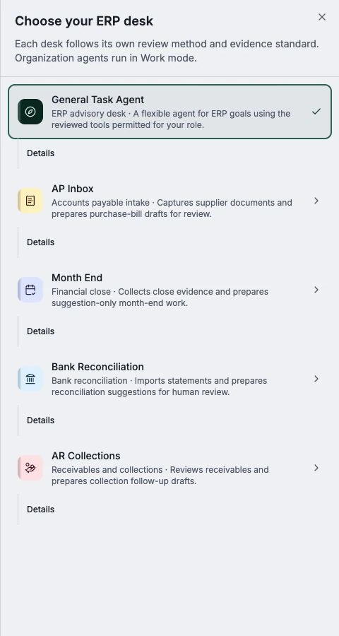 Kirado’s built-in ERP agent picker and each agent’s purpose in a desktop browser.