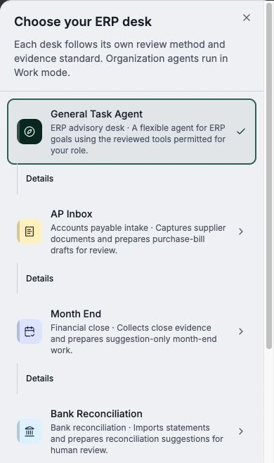 Kirado’s built-in ERP agent picker and each agent’s purpose in a mobile browser.