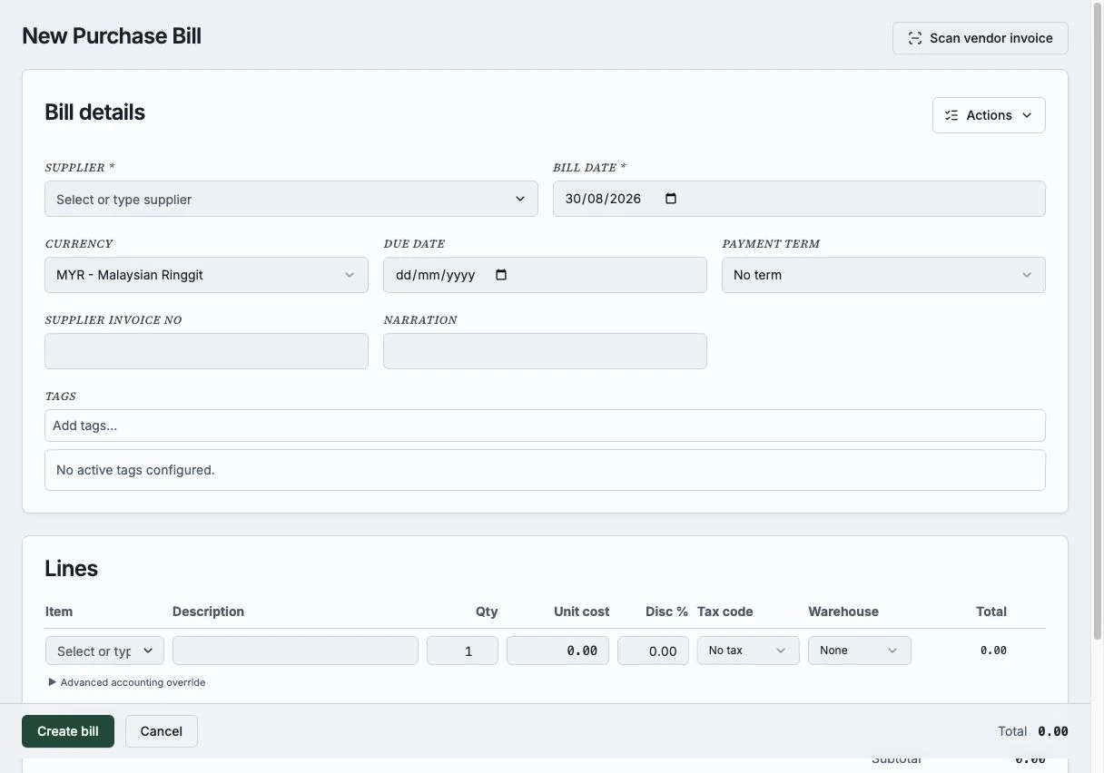 An unsaved purchase bill form with supplier and transaction fields in a desktop browser.