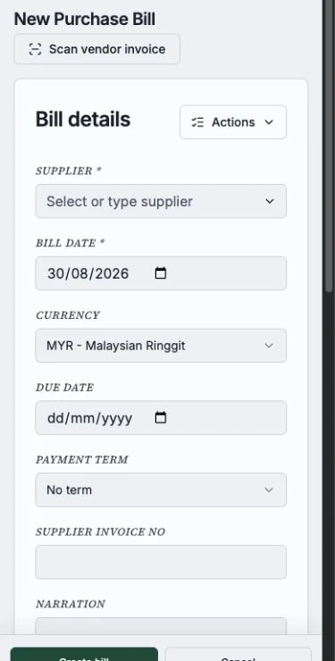 An unsaved purchase bill form with supplier and transaction fields in a mobile browser.