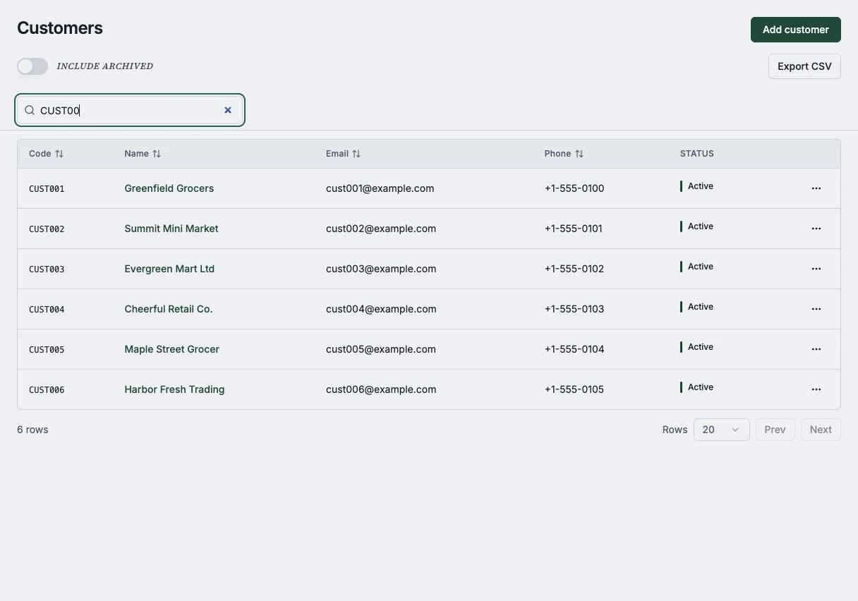 Seeded sample customer records, codes, and example contact details in a desktop browser.