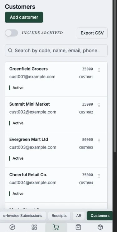 Seeded sample customer records, codes, and example contact details in a mobile browser.
