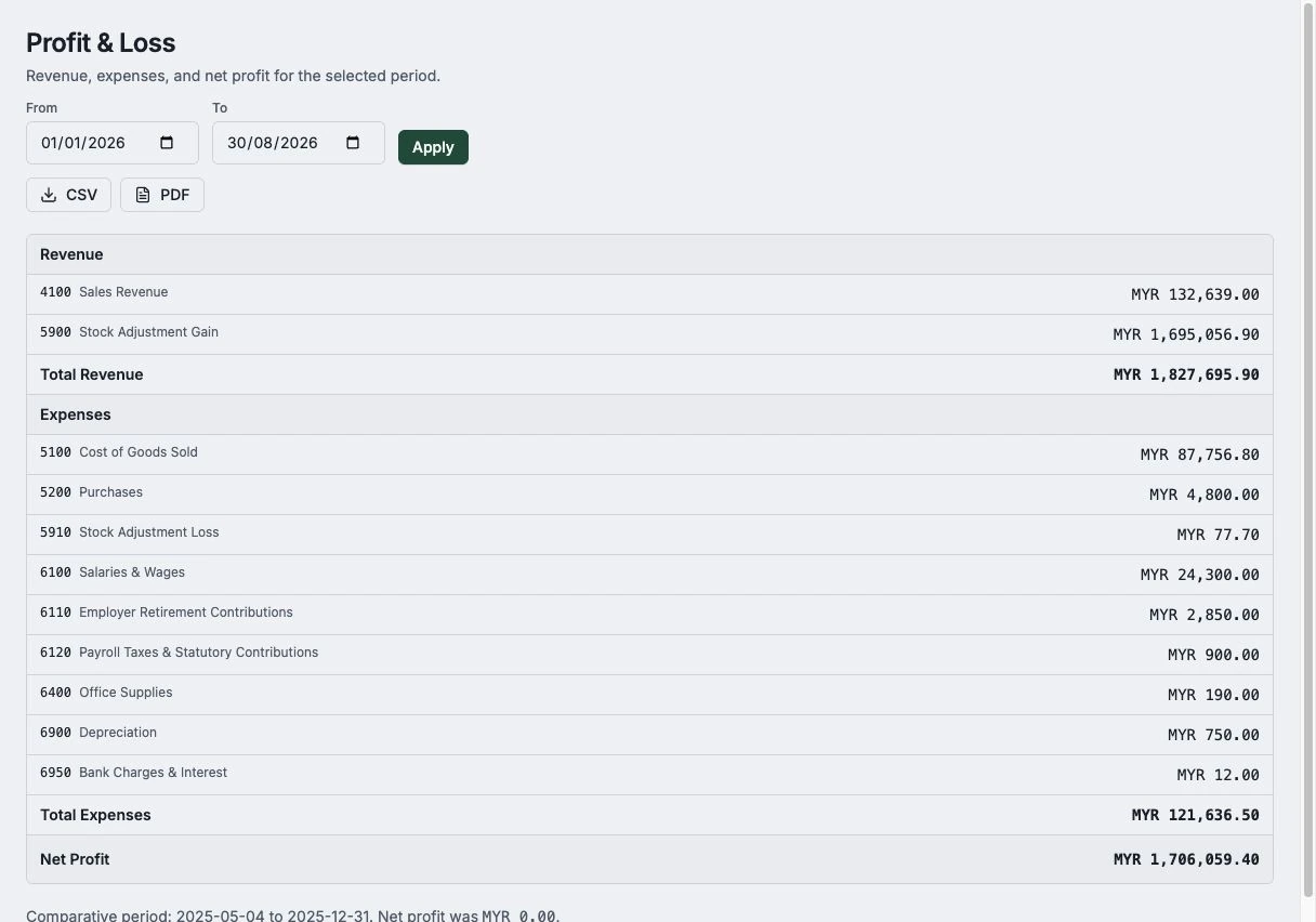 A year-to-date profit-and-loss report using sample company records in a desktop browser.