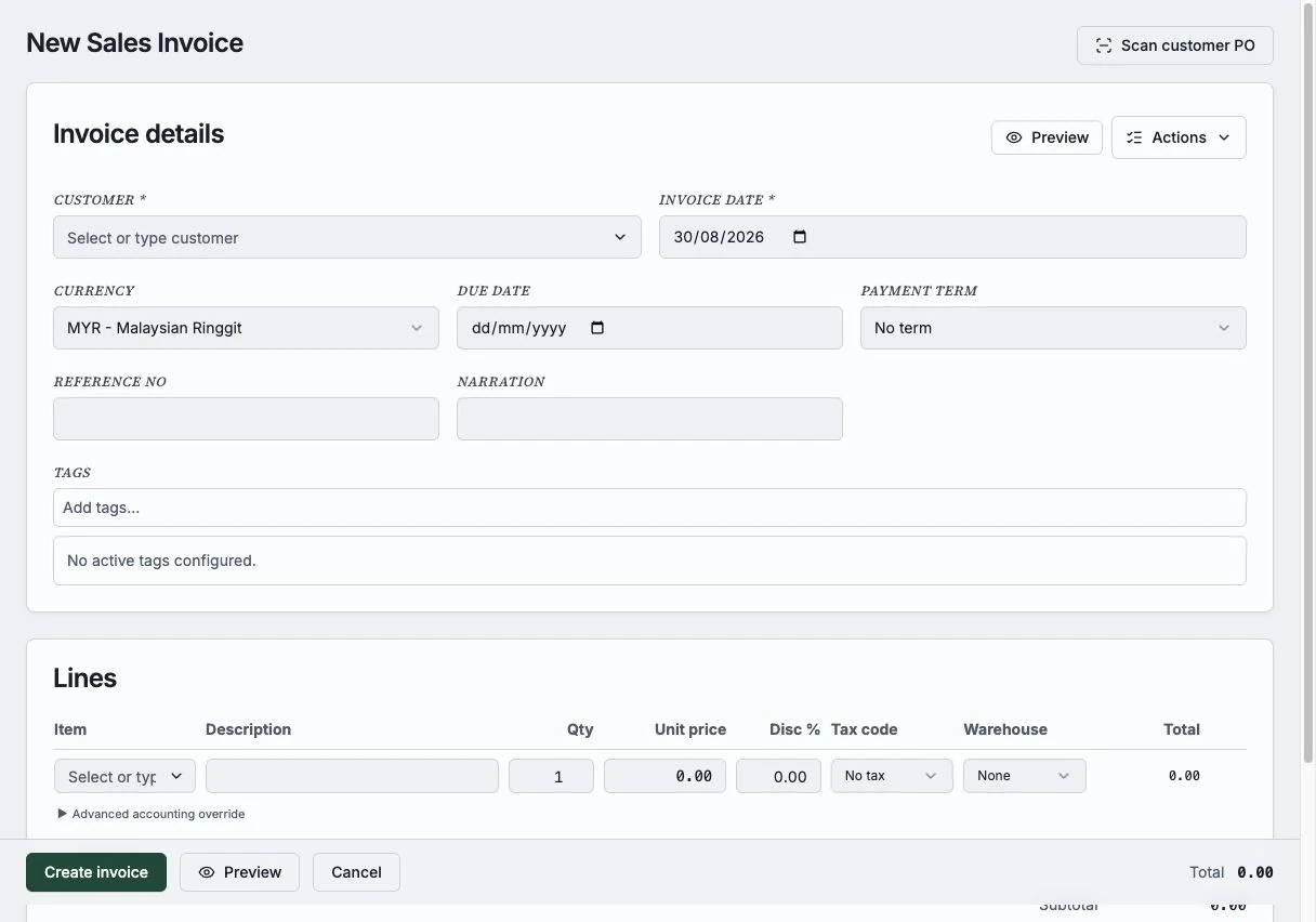 An unsaved sales invoice form with customer, date, currency, and line-item fields in a desktop browser.