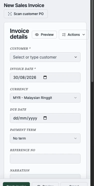An unsaved sales invoice form with customer, date, currency, and line-item fields in a mobile browser.