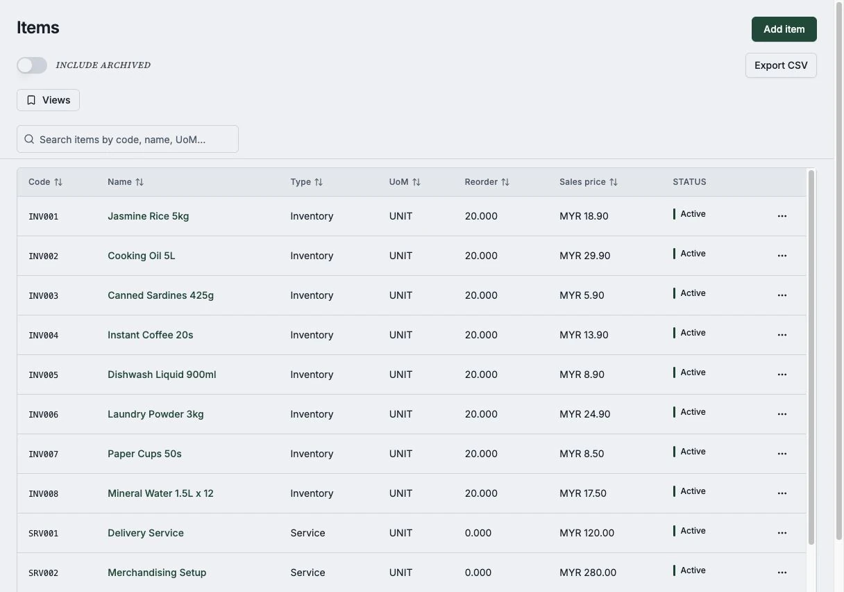 Sample item master data with item types, units, and sales prices in a desktop browser.