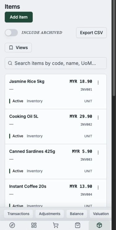 Sample item master data with item types, units, and sales prices in a mobile browser.