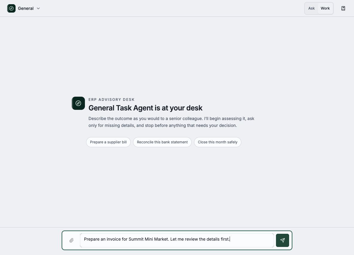 Workspace Work mode with an unsent example request in a desktop browser.